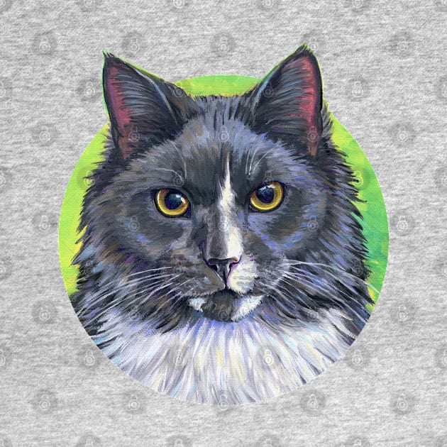 Gray and White Longhair Tuxedo Cat by rebeccawangart